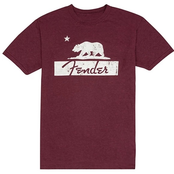 FENDER Burgundy T-shirt with White California Bear Graphic Fender Logo Unisex - Picture 1 of 7